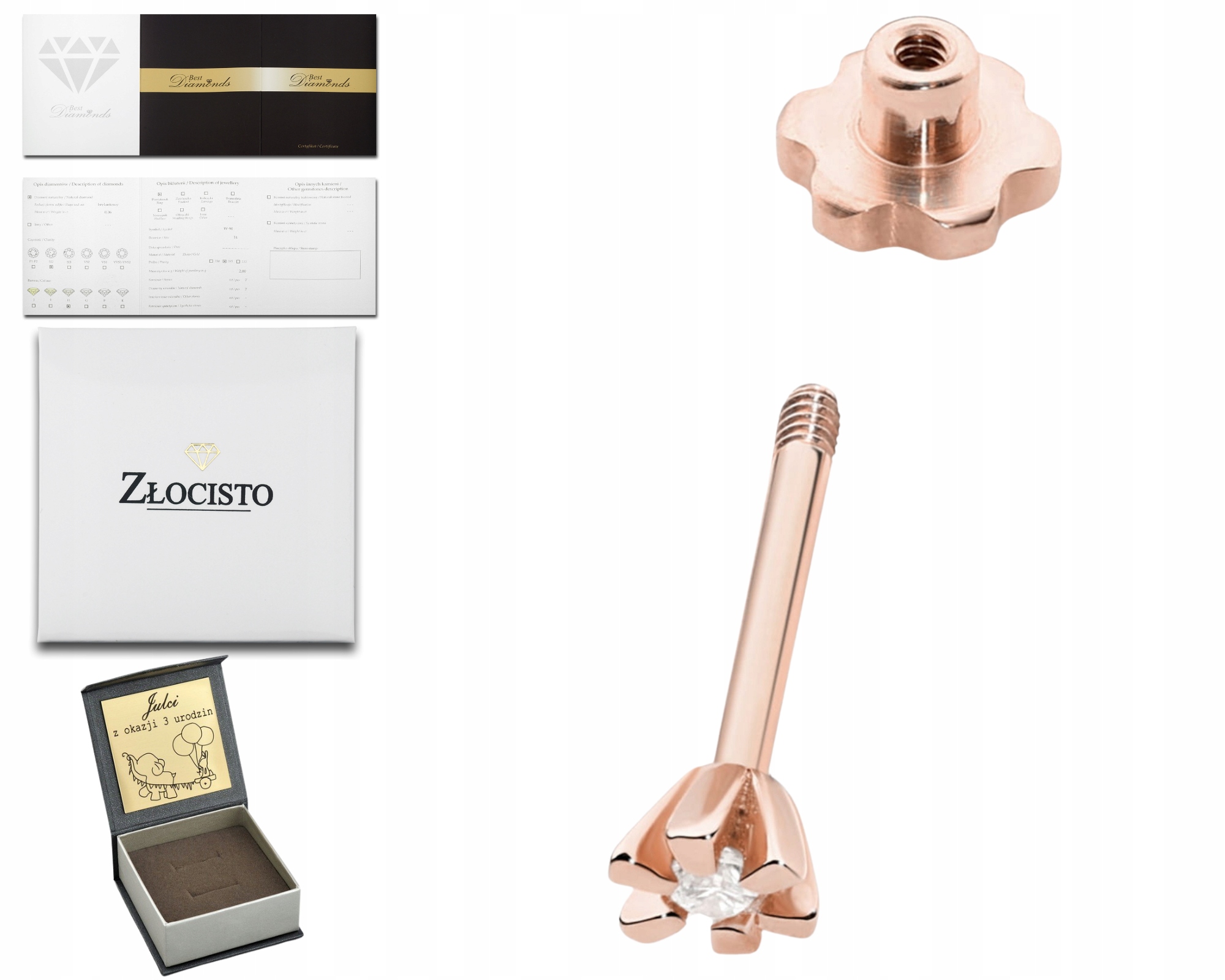 Růžové Zlato Náušnice 1 Kus Šroubovací Tyčinka Ryzost 585 Briliant