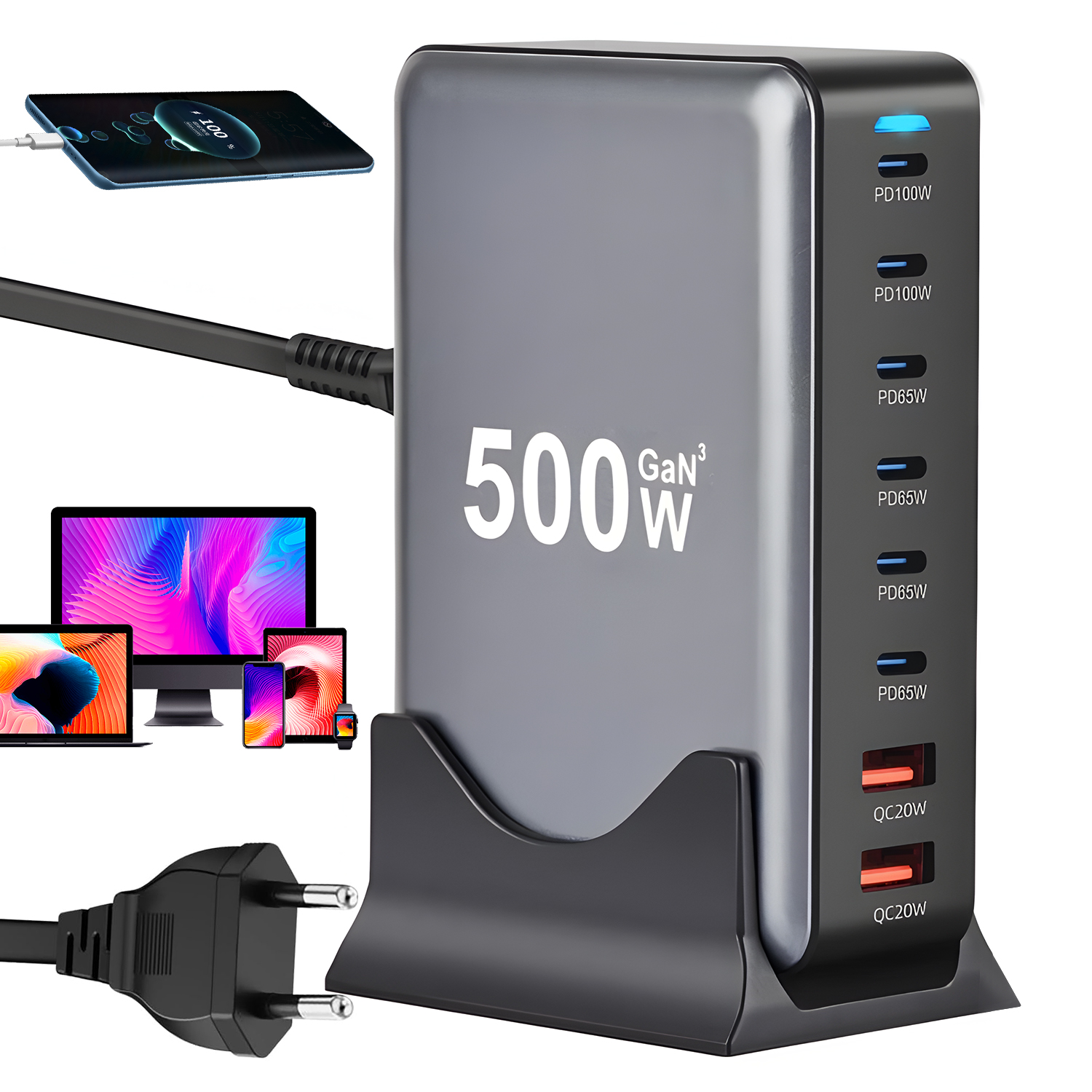 500W Stacja Ładująca 8 Portów Ladowarka Gan Szybki GAN3 Idealne Do Biura