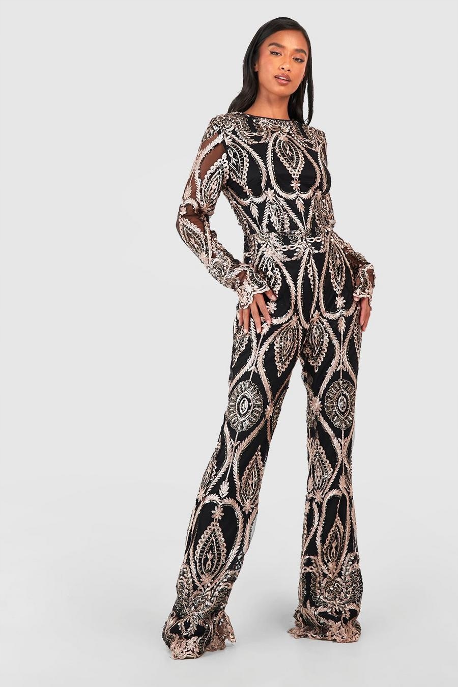 KC57106 Boohoo Petite Elegantní Bohatě Zdobený Kombinéza Flitry (14) M