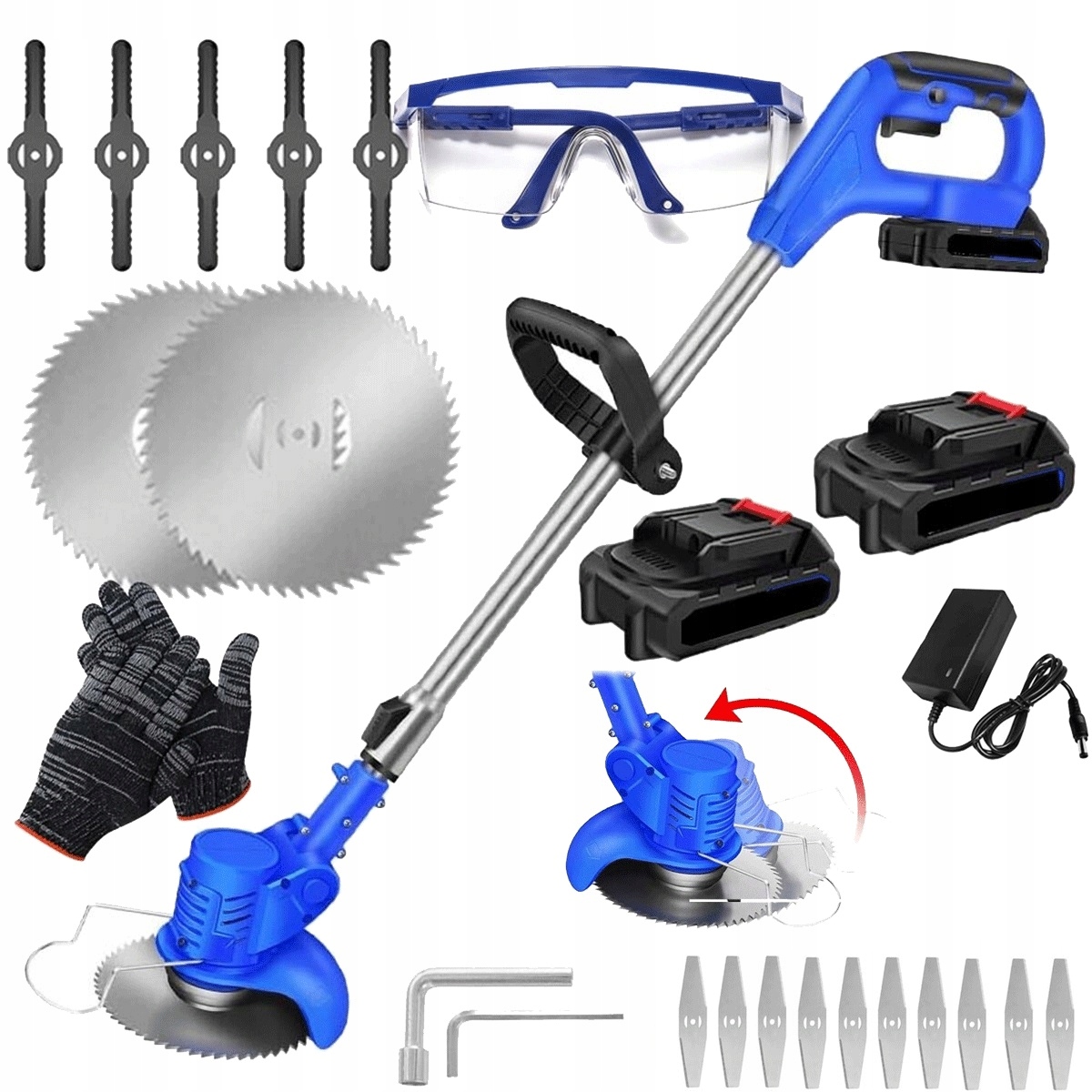 21V vyžínač s 0-90° regulací úhlu řezu a 3 druhy pilek, modrý