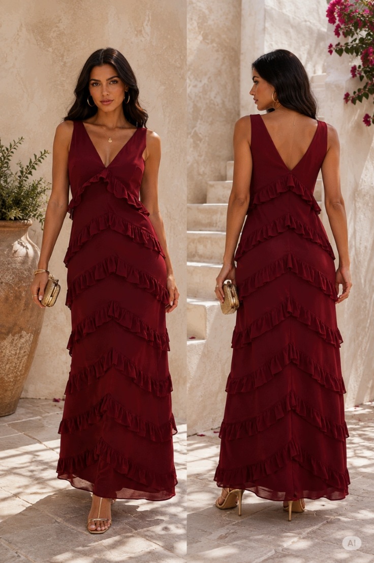Elegantní Návštěvní Šaty Maxi S Volánky A Výstřihem Do V Bordó M