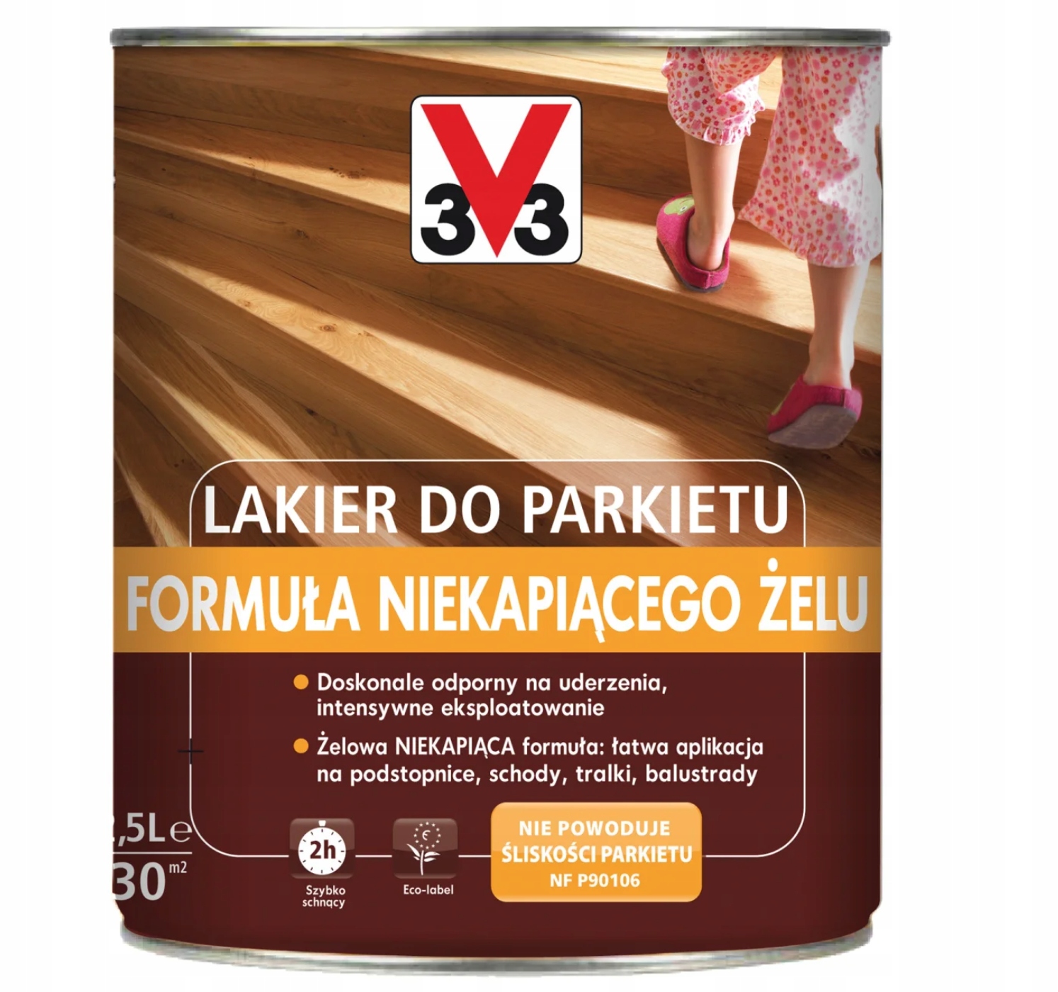 V33 Lak na parkety, složení bezkapajícího gelu, bezbarvý satén, 2,5 l