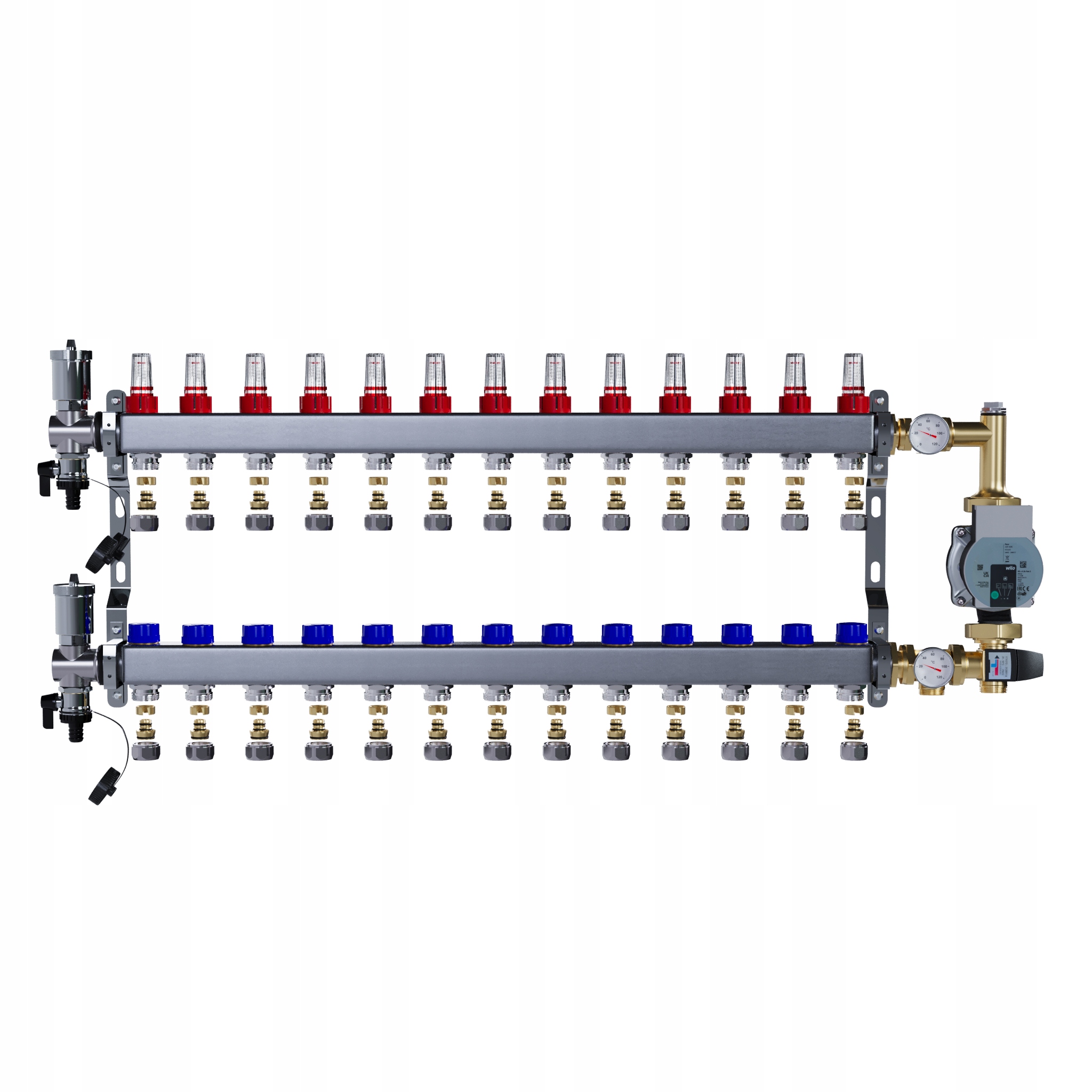 Rozdělovač pro podlahové vytápění 13 nerezový+SPOJKY Pex+pompa Wilo