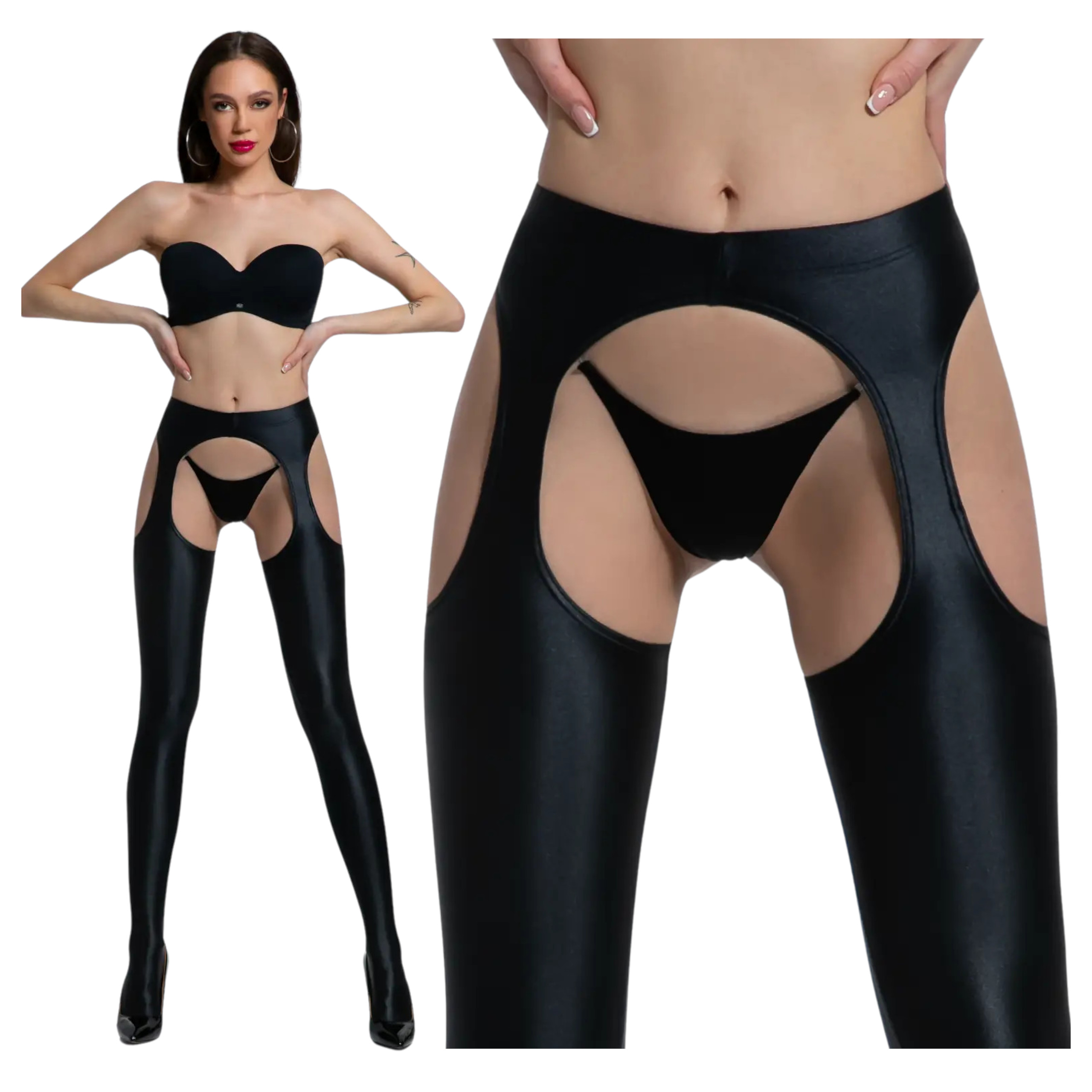 Punčocháče Punčochy s proužky Lesklé A'la Latex Olivia S/m Černé