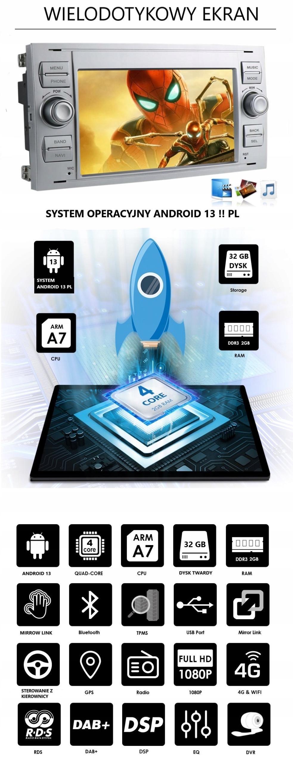 RADIO SAMOCHODOWE FORD MONDEO MK4 FOCUS MK2 MK3 GALAXY S-MAX GPS ANDROID Rodzaje odtwarzanych nośników USB