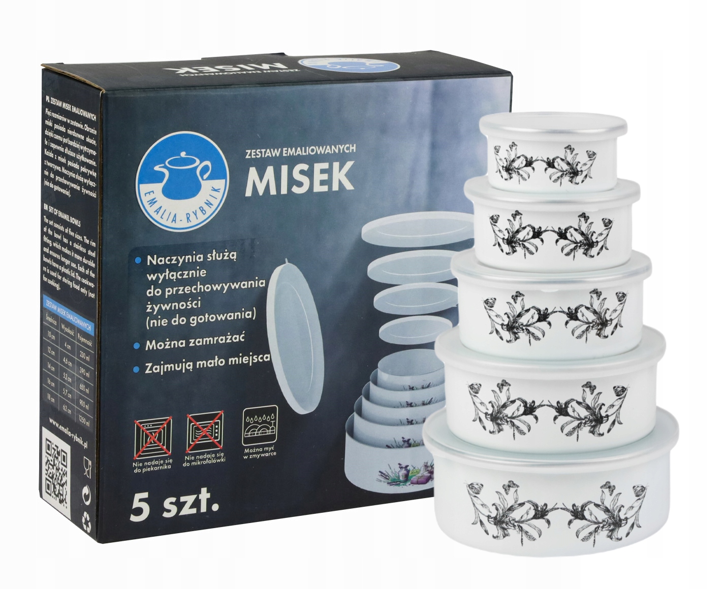 

Komplet 5 Misek Emaliowanych Pokrywki Pojemniki