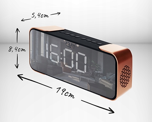 RADIOBUDZIK BEZPRZEWODOWY BLUETOOTH FM/AUX/SD RADIO ZEGAR ZŁOTY ADLER Kolor czarny