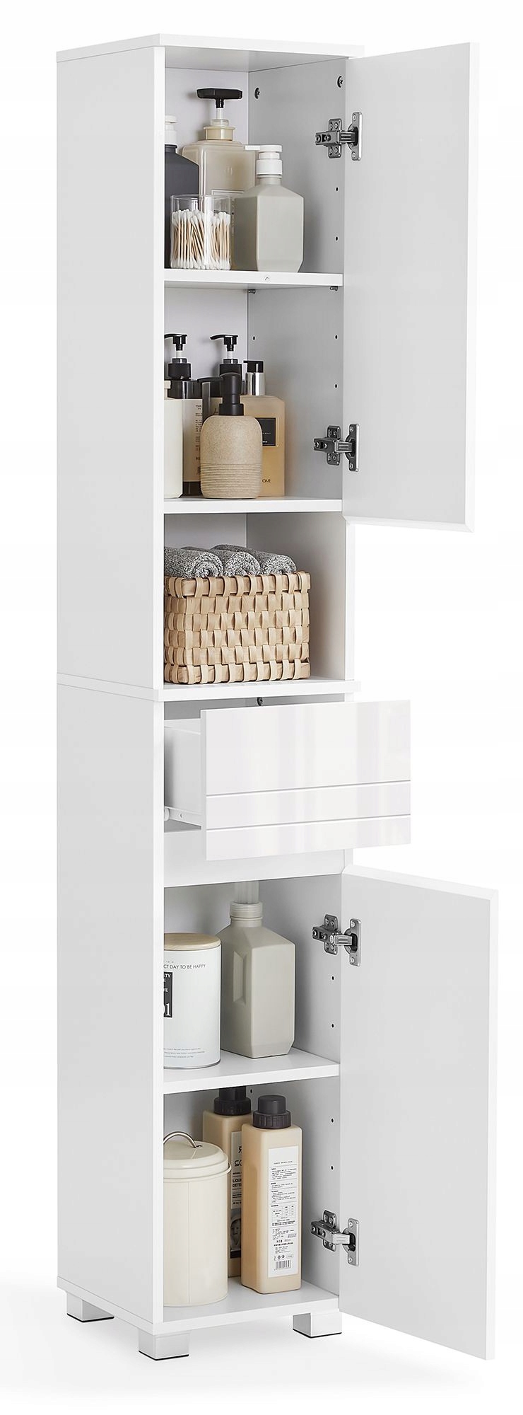 Vysoká a úzka kúpeľňová skrinka s regálom s 2 dvierkami a zásuvkou 170 cm