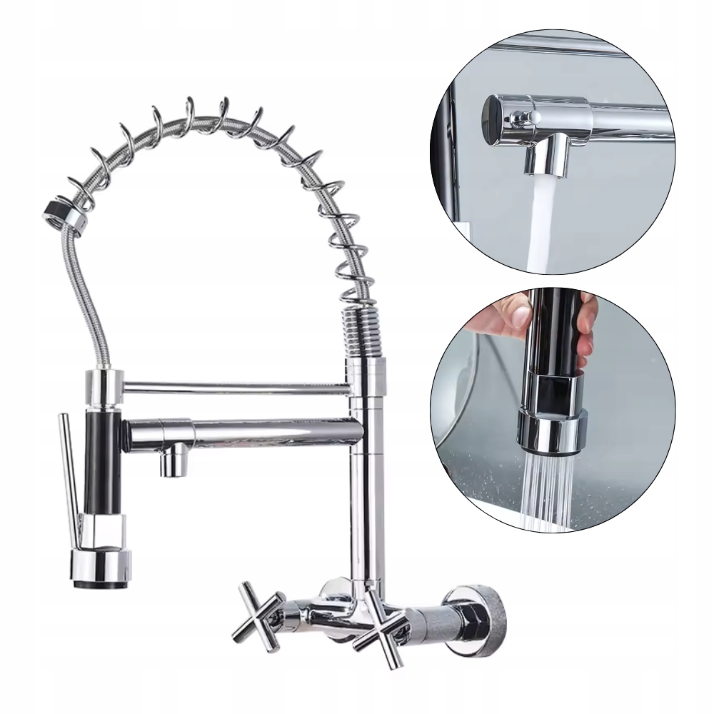 Bateria kuchenna z wyciąganą wylewką wysoka restauracyjna ścienna chrom