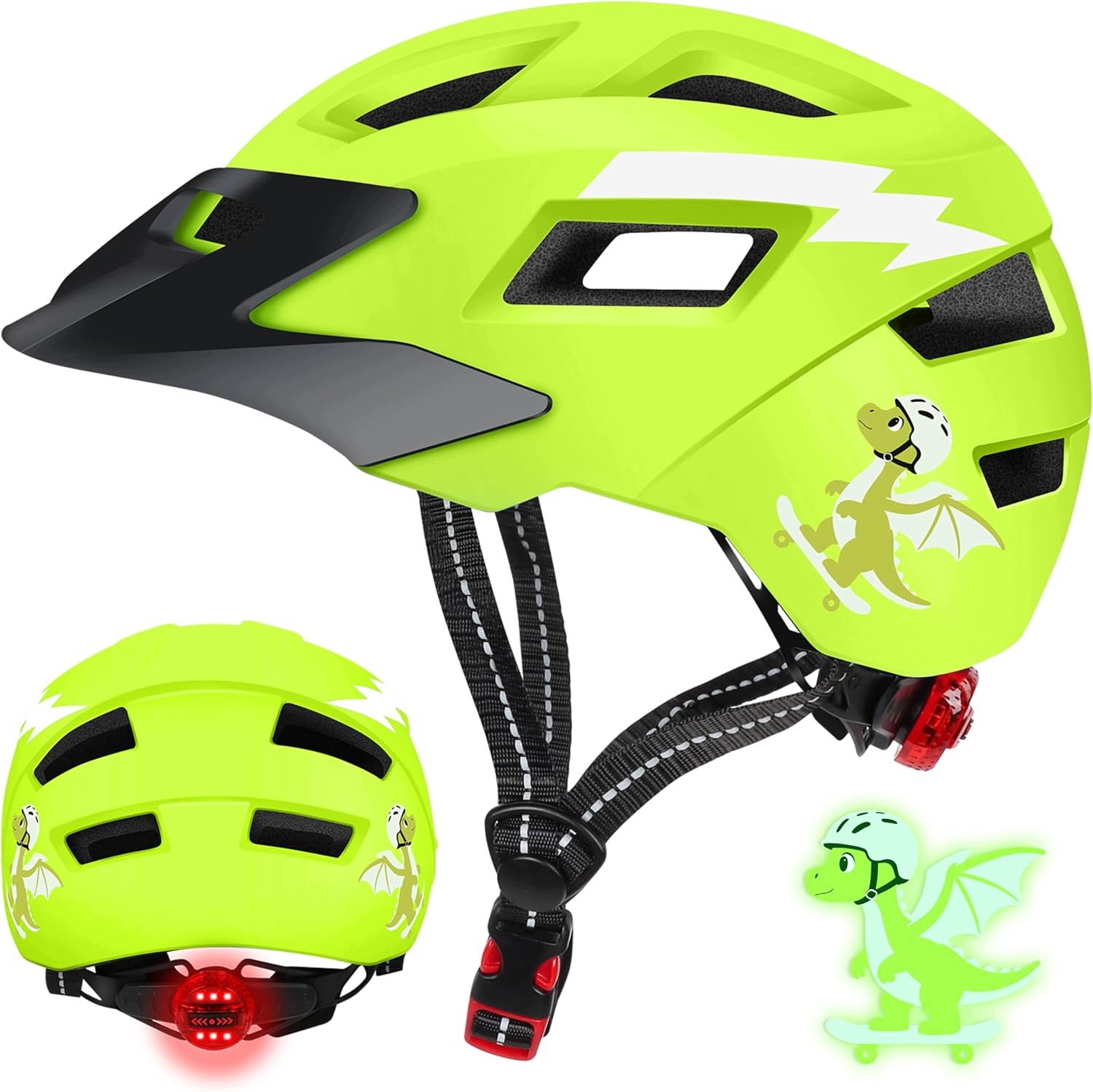 Kask dziecięcy rowerowy z Led i dinozaurami, zielony, rozmiar Xs