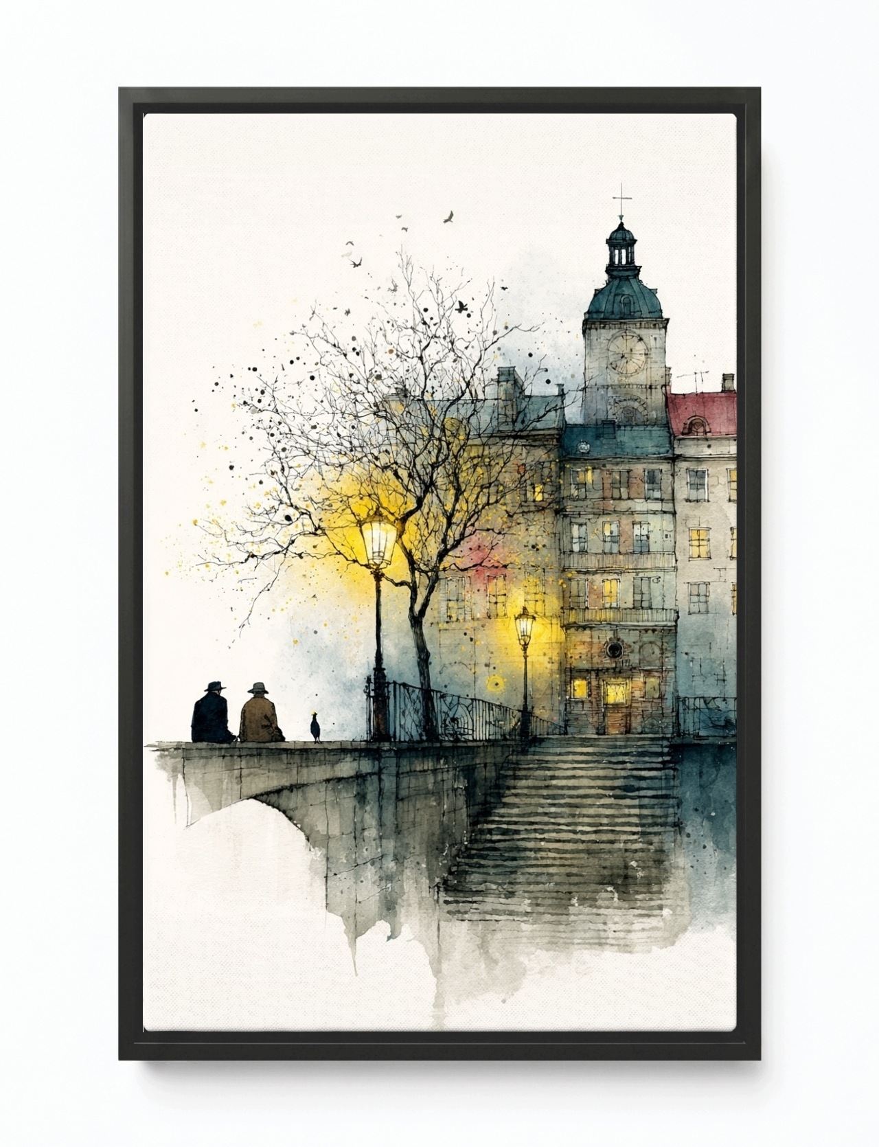 Obraz Rám Americký Box Grafika Město Radnice Řeka Most Schody 40x60