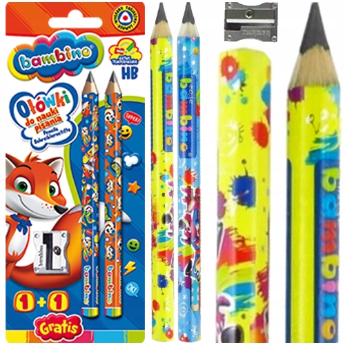 OŁÓWEK DO NAUKI PISANIA BAMBINO TRÓJKĄTNE HB 2 SZTUKI Z TEMPERÓWKĄ
