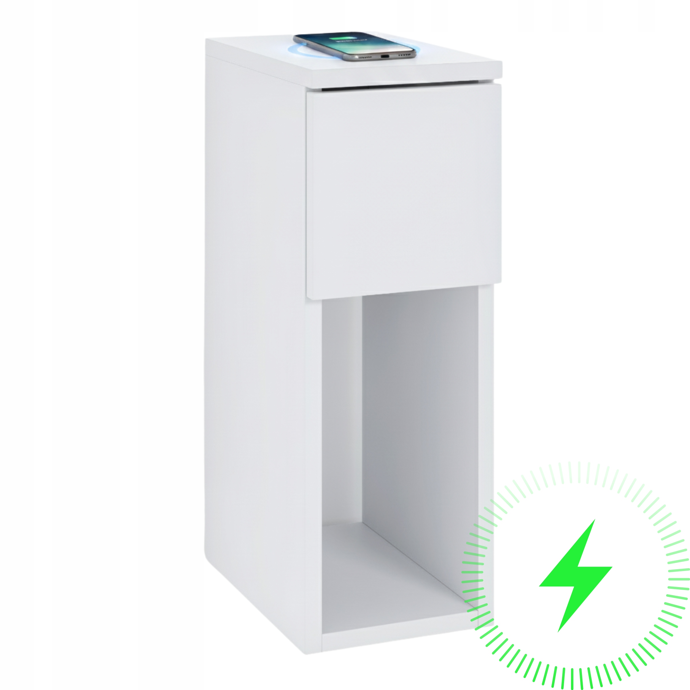 Noční Stolek Úzký 20X30X55 Se Zásuvkou A Poličkou, Indukční Nabíječka 15 W