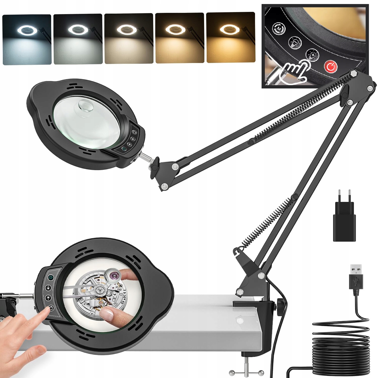 LAMPA LED LUPA Z OŚWIETLENIEM STOJAKIEM,ŚCIEMNIANIA 10X, 5 TRYBÓW KOLORÓW