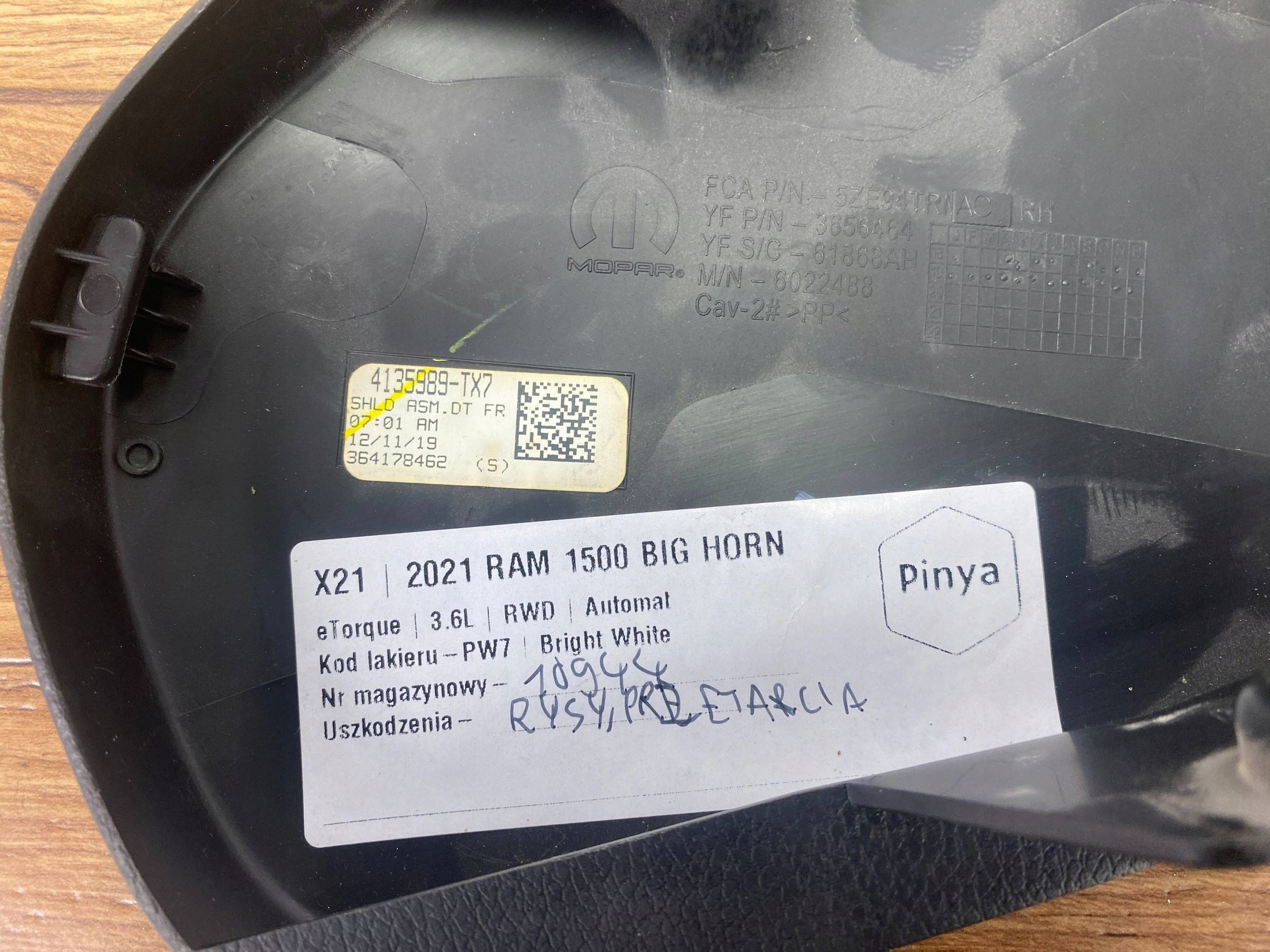 Couverture tablier moteur Couvre Siège Ram 1500 2019+