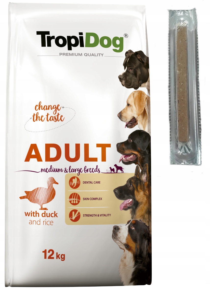 TropiDog Adult Duck Rice 12kg m/l paluszek Alpha Spirit 1szt