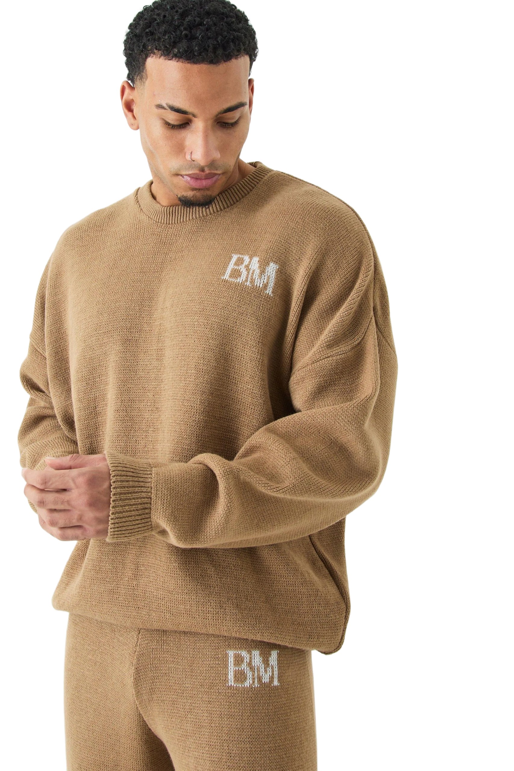 Boohooman Pánský Béžový Svetr S Kulatým Výstřihem A Nápisem Bm L Z3A