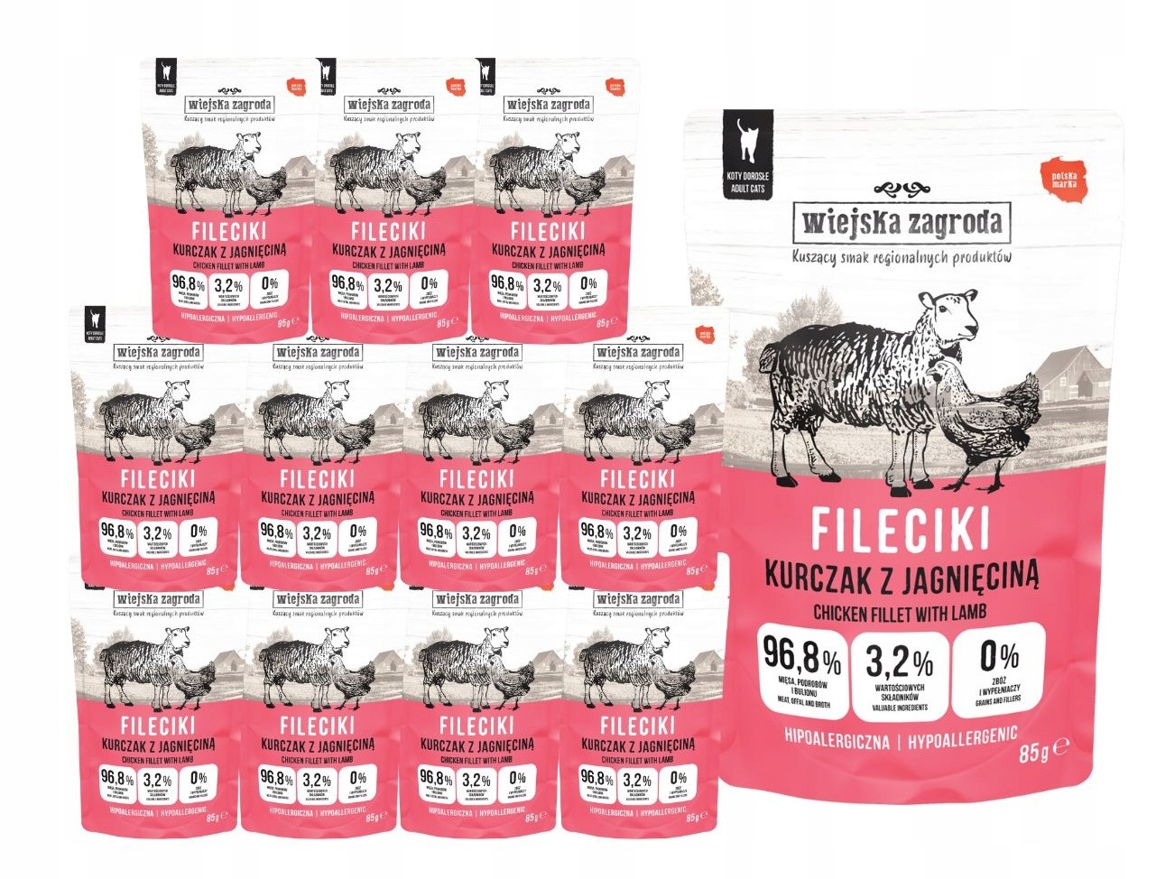 Levně Wiejska Zagroda Krmivo mokré pro kočky Filetky Kuře s jehněčím masem 12x85 g