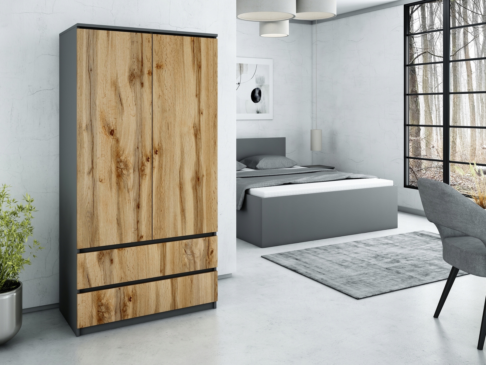 SZAFA 2 DRZWI 2 SZUFLADY 90 CM DO SYPIALNI, GARDEROBY CZARNA Głębokość mebla 50 cm