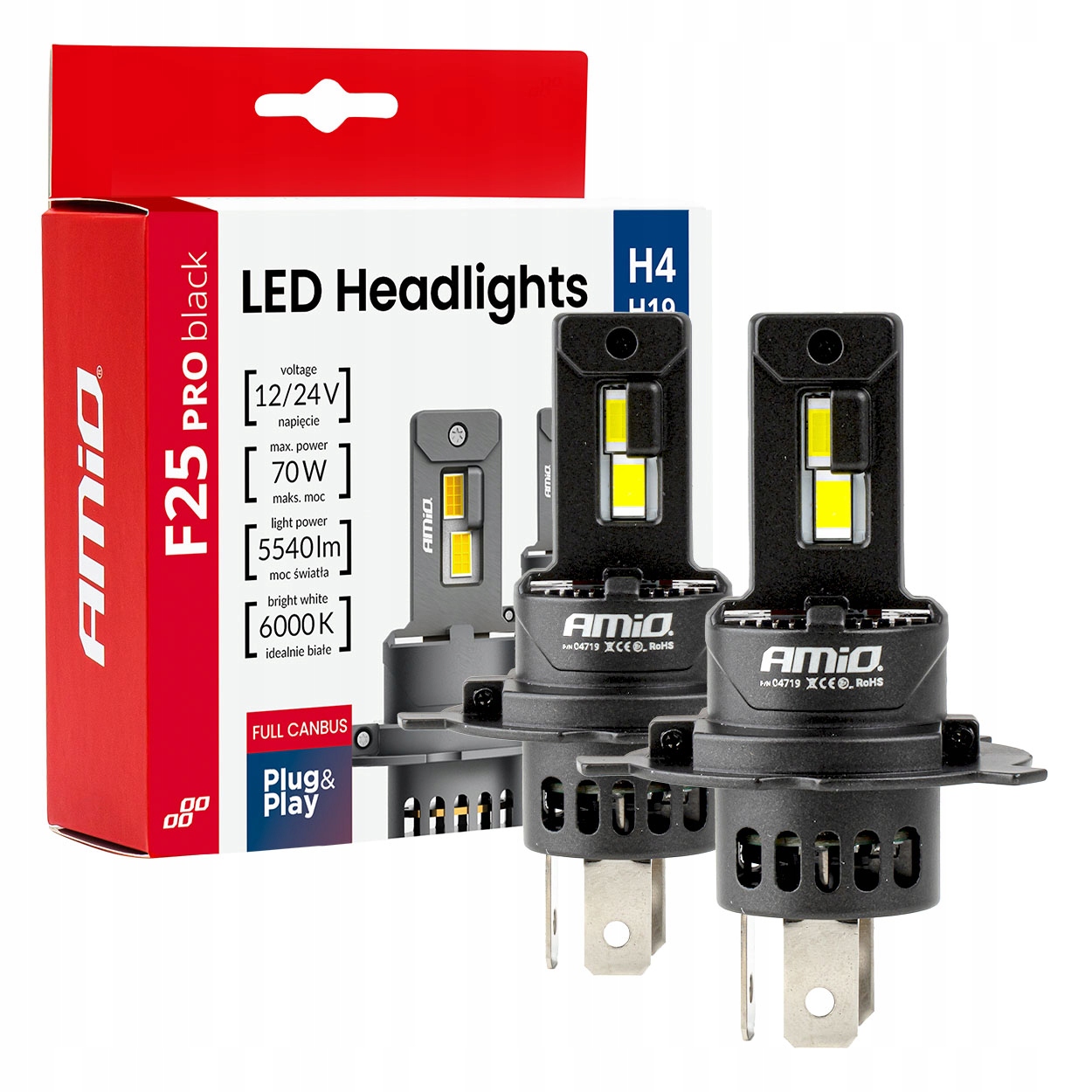 Żarówki samochodowe Led Pro Black Full Canbus H4 H19 70W 12V 24V AMIO-04719