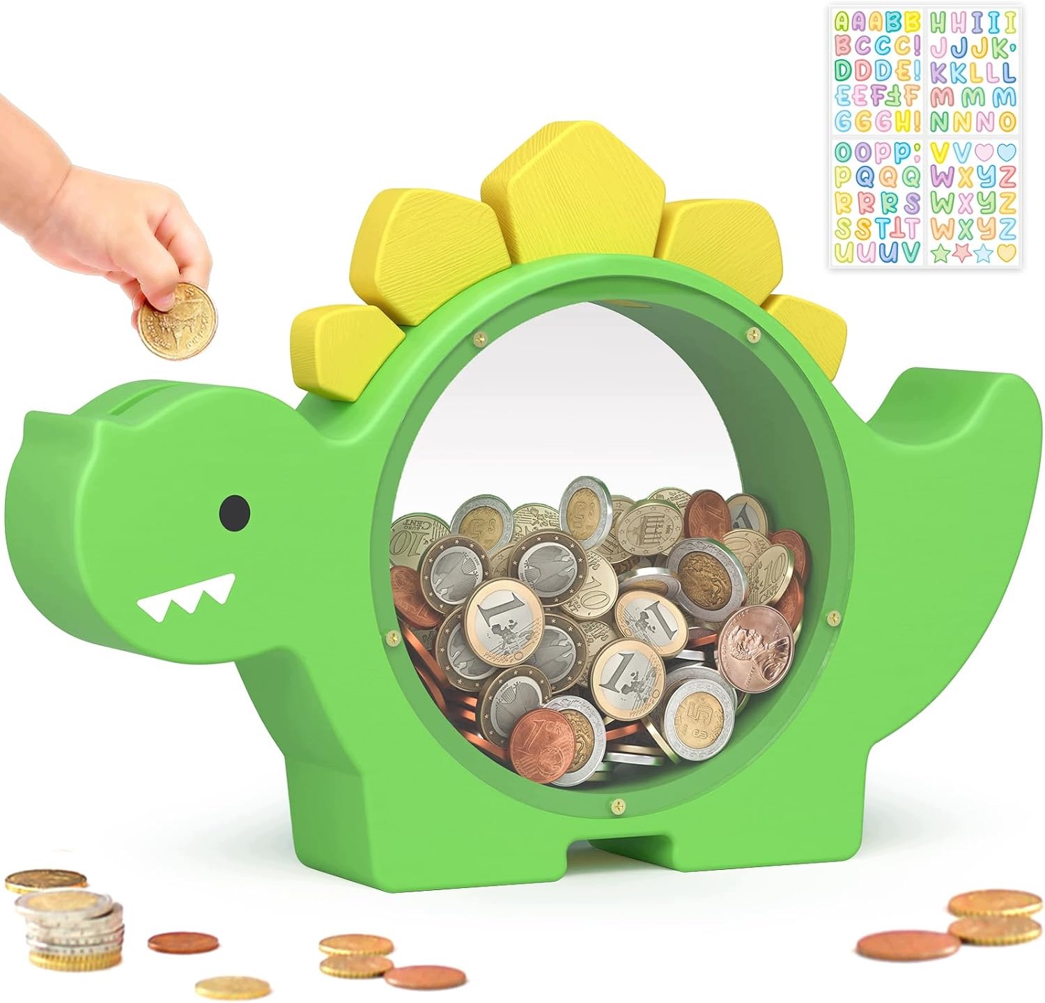 Zielona drewniana skarbonka dla dzieci z dinozaurami przezroczyste okienko