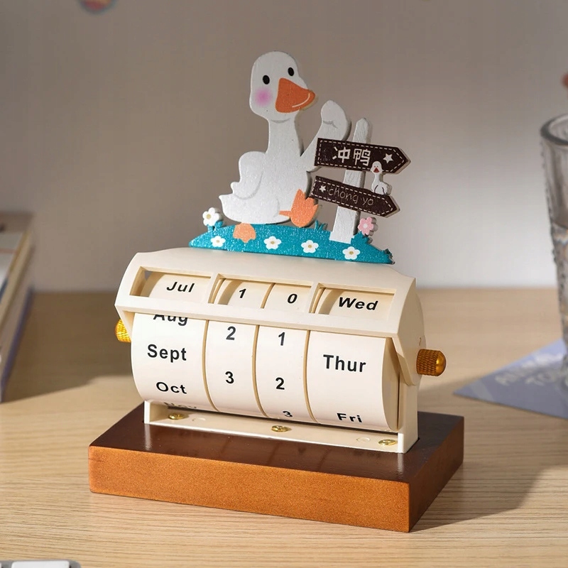 Rotary Perpetual Calendar for Desk, Wooden Wheeling Calendar, Month