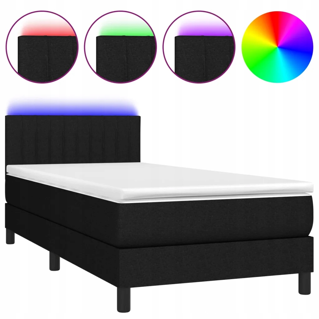 Kontinentální postel s matrací a Led diodami, černá, 203 x 90 x 78/88 cm