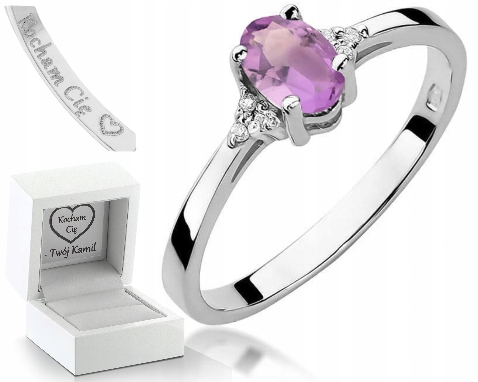 Zásnubní Prstýnek Ametyst Diamanty Bílé Zlato Gravírování 585 Bonus