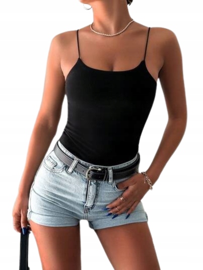 TOP DAMSKI NA RAMIĄCZKACH CZARNY GŁADKI L 1ŁON