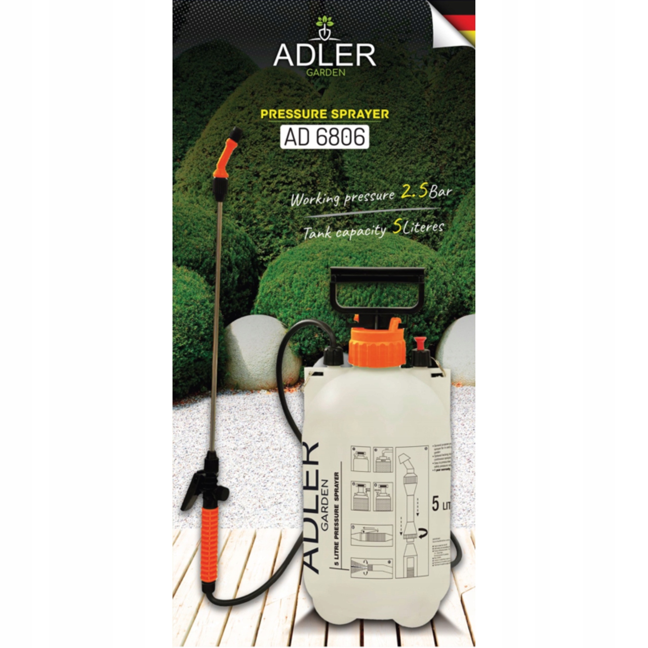 Opryskiwacz Ogrodowy 5L Ciśnieniowy Ręczny Adler AD 6806