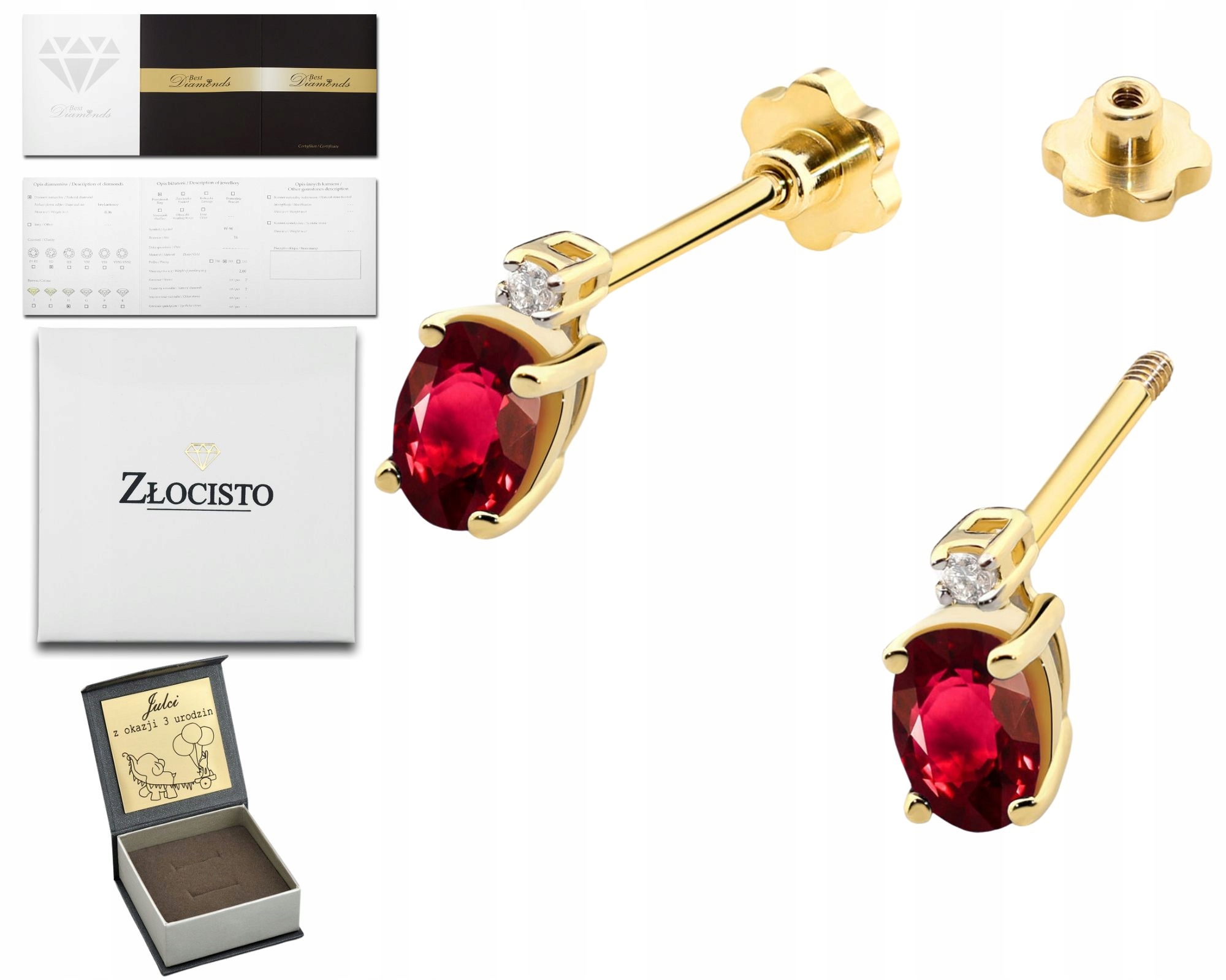 Zlaté Náušnice Přírodní Kámen Rubín Diamanty Zlato 585 Šroubovací Tyčinka