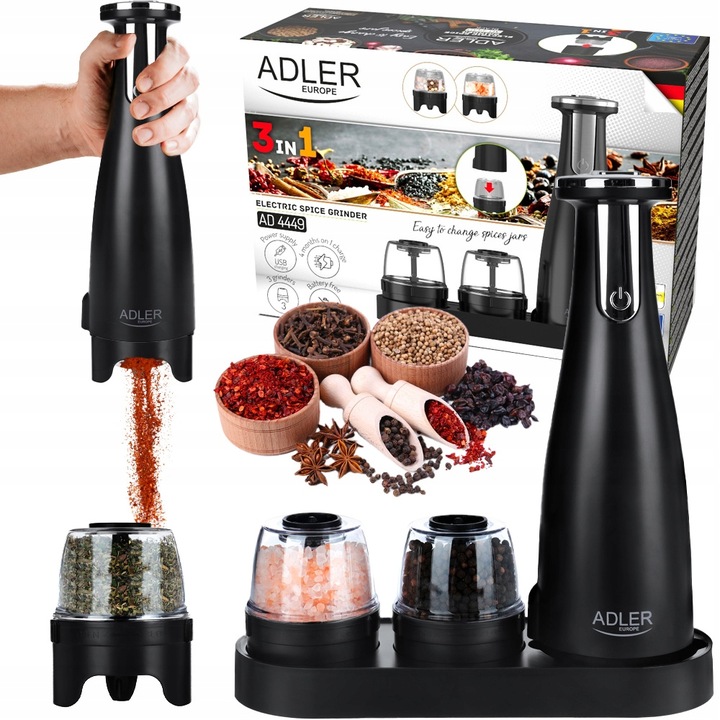 Elektryczny Młynek Do Pieprzu I Soli Zestaw Ładowanie Usb 3 Pojemniczki!