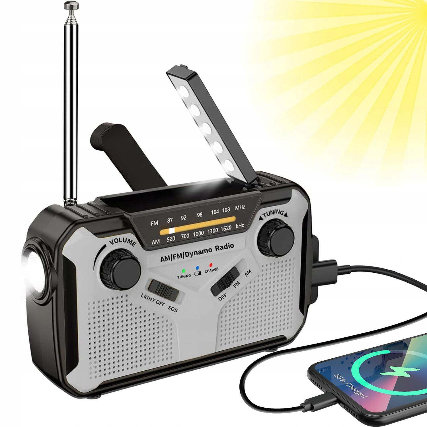 Wielofunkcyjne Radio Survivalowe Awaryjne Z Korbką I Latarką Led Sos Szare