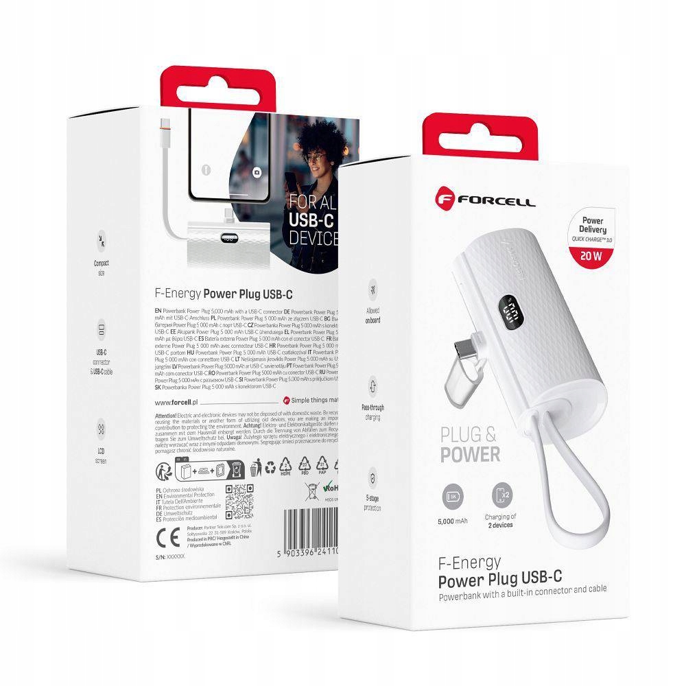 Forcell Powerbank F-Energy Power Plug F5K3 5 000Mah Z Wbudowanym Złączem Ty