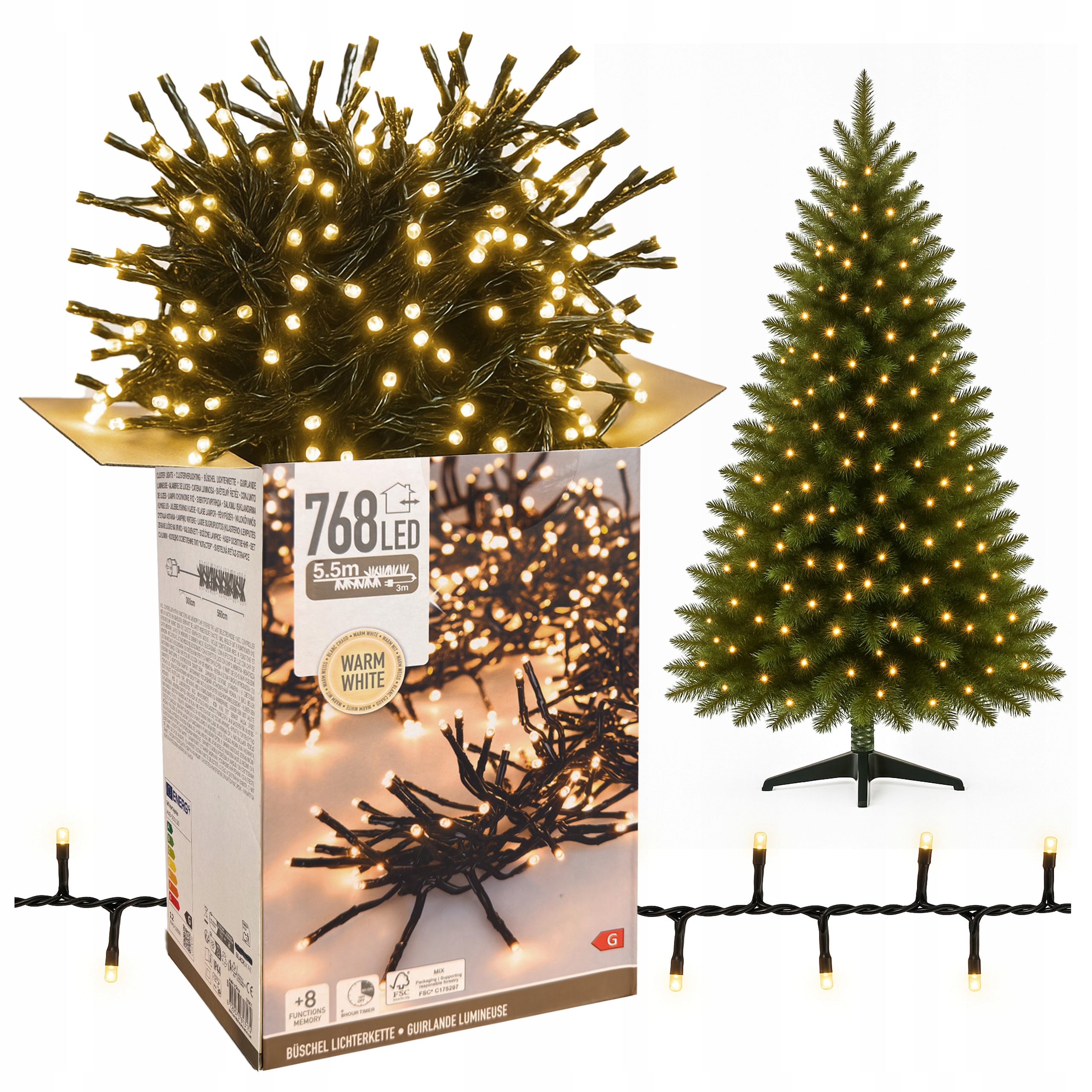 Vánoční osvětlení na stromeček 768 Led bílé teplé vnitřní/venkovní 8,6 m Timer x3