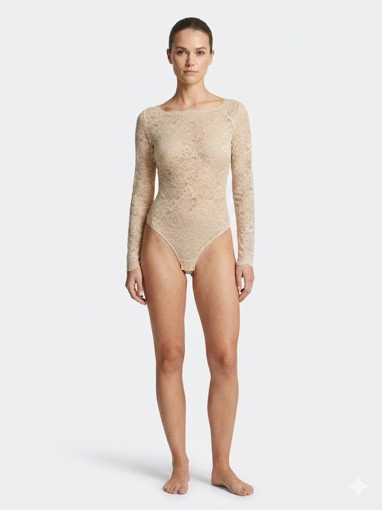 Guess Béžové Body S Dlouhým Rukávem A Krajkovým Vzorem XL Gga