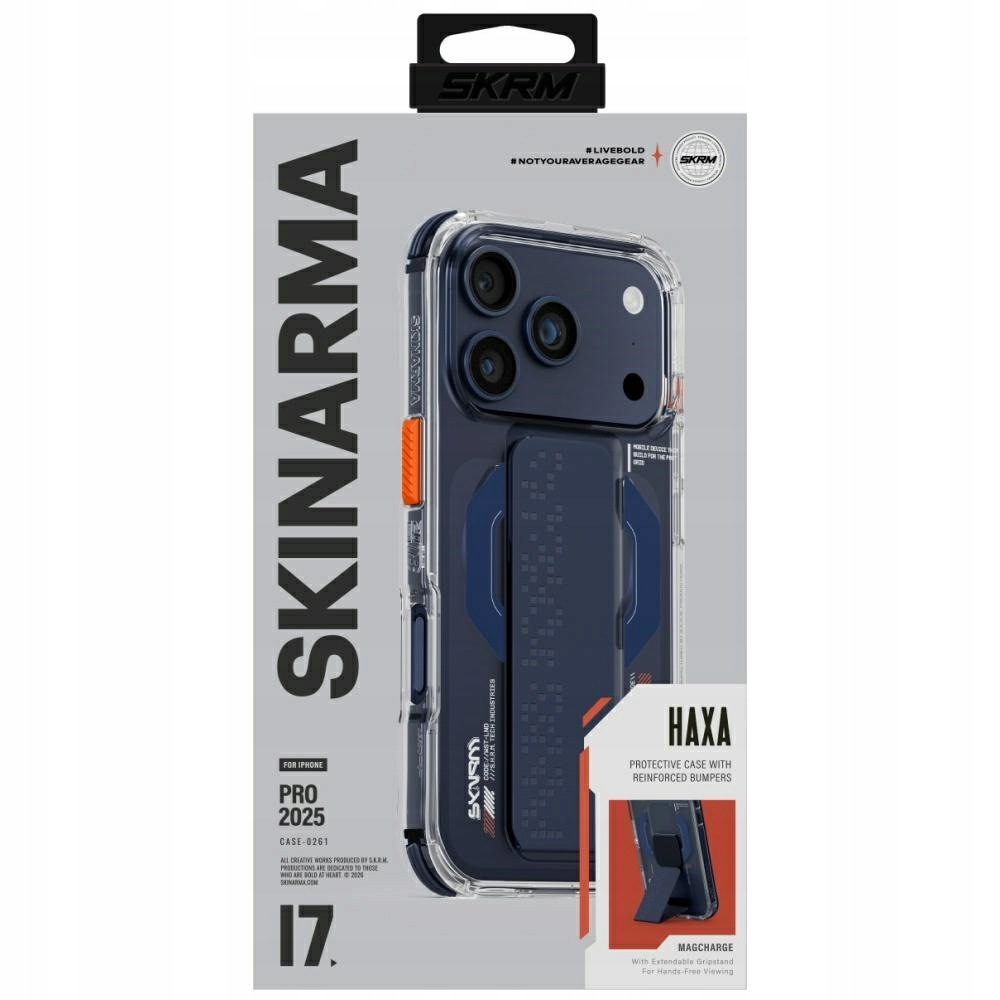 Skinarma Puzdro Haxa pre iPhone 17 Pro s magnetickým nabíjaním, stojanom, modré
