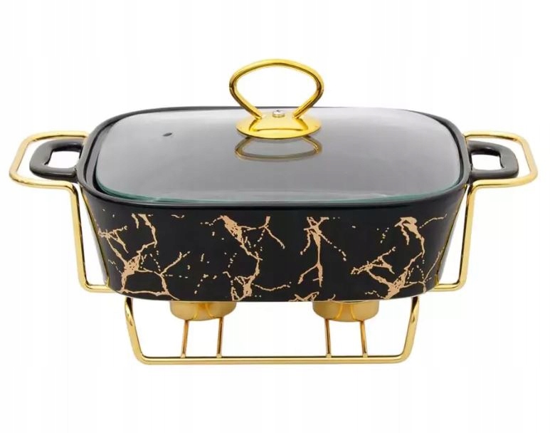 NACZYNIE ŻAROODPORNE CERAMICZNE Z POGRZEWACZEM PROSTOKĄTNE CZARNO-ZŁOTY 1,5