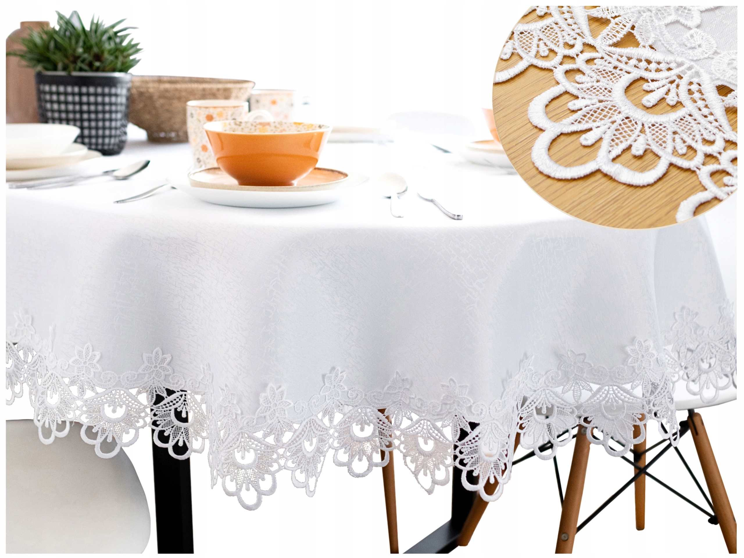 Obrus Owalny na duży stół plamoodporny Z Gipiurą 160x350 Biały koronkowy