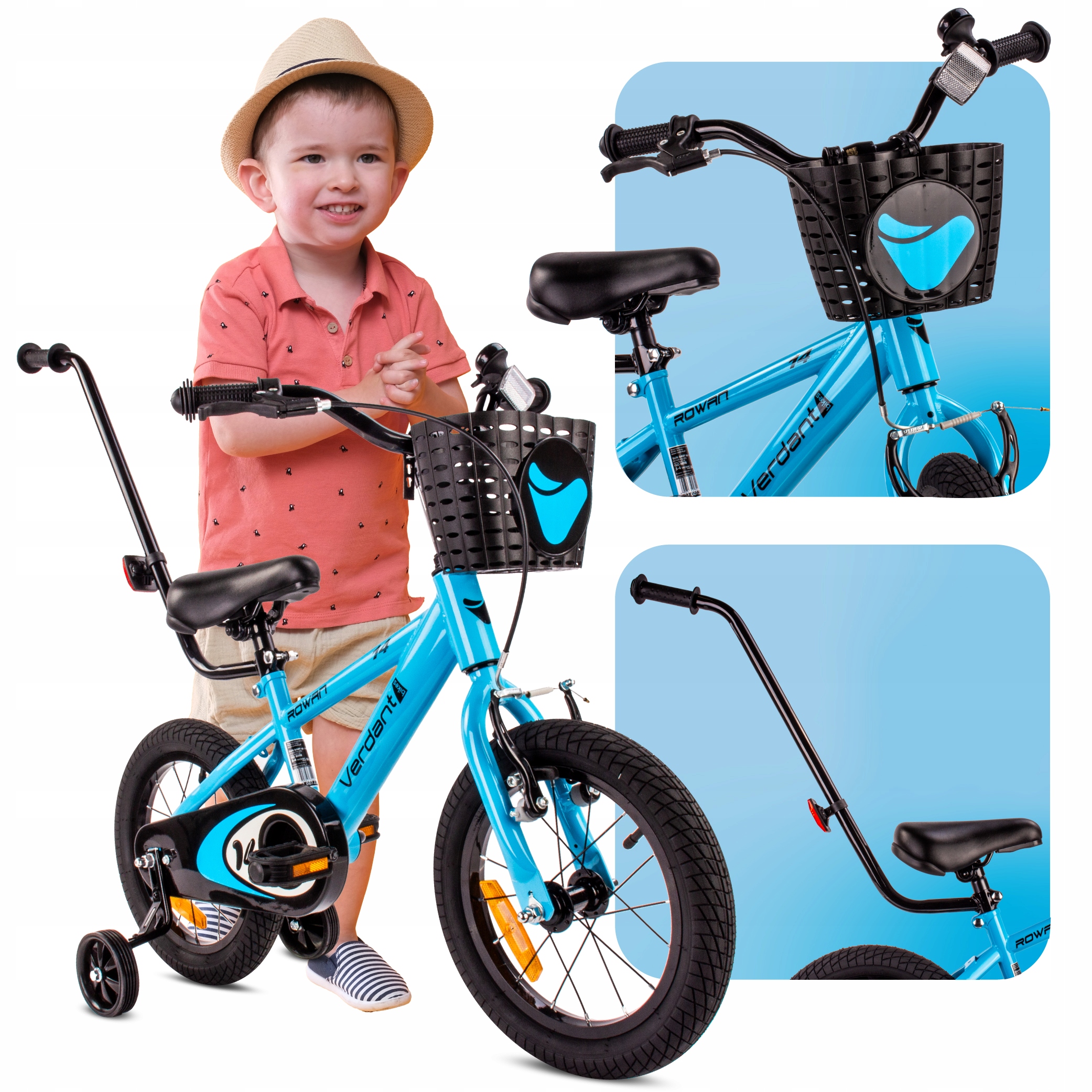 Rower dla chłopca 14 cali dziecięcy Pchacz Kółka boczne Koszyk Verdant