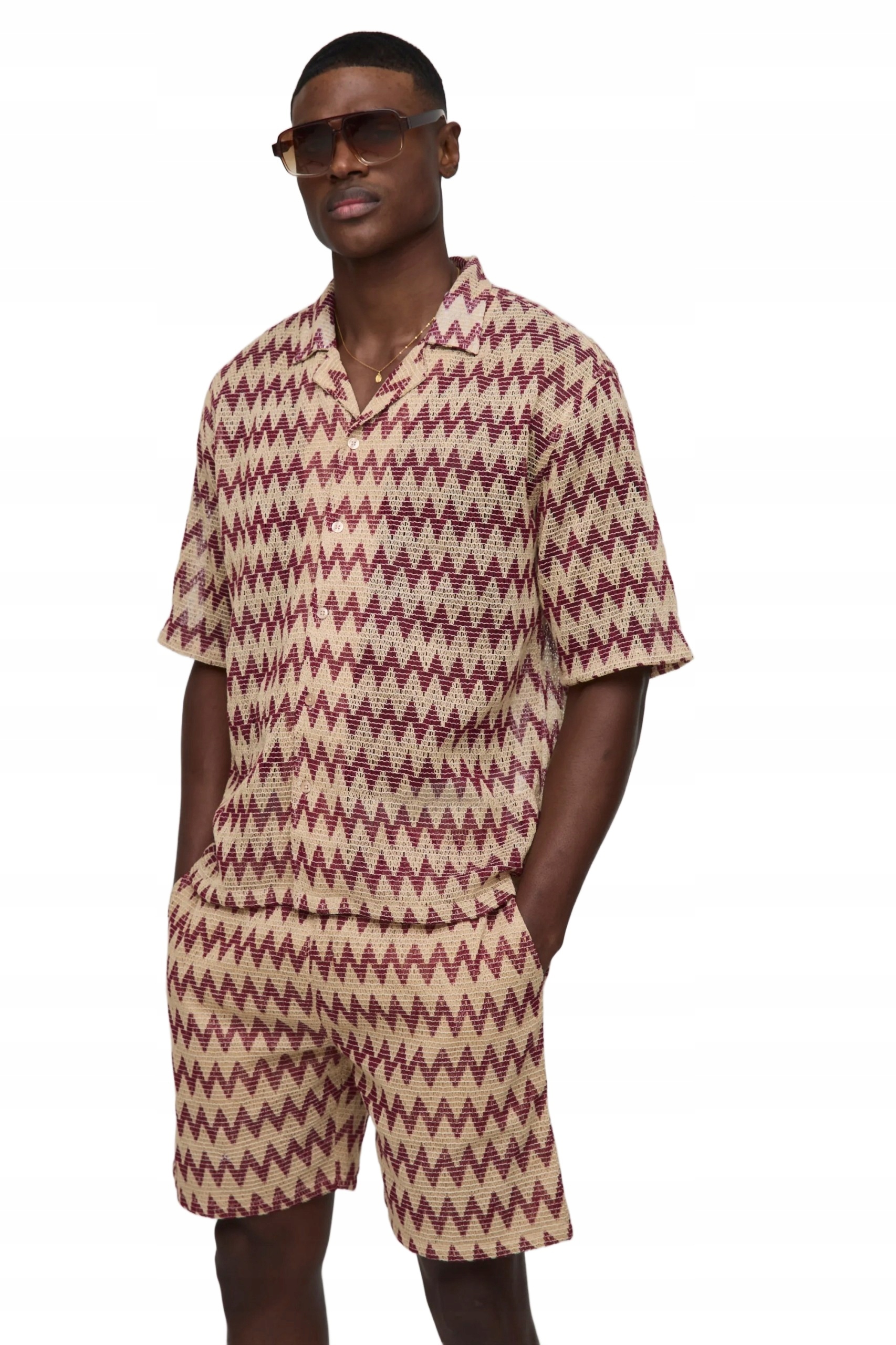 Boohooman Pánský Komplet Geometrický Vzor Béžovo-vínový L Z3A