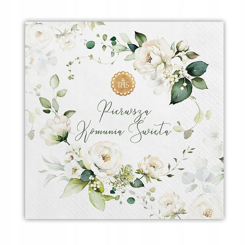 SERWETKI komunijne Białe Róże z Hostią 33x33cm 20szt