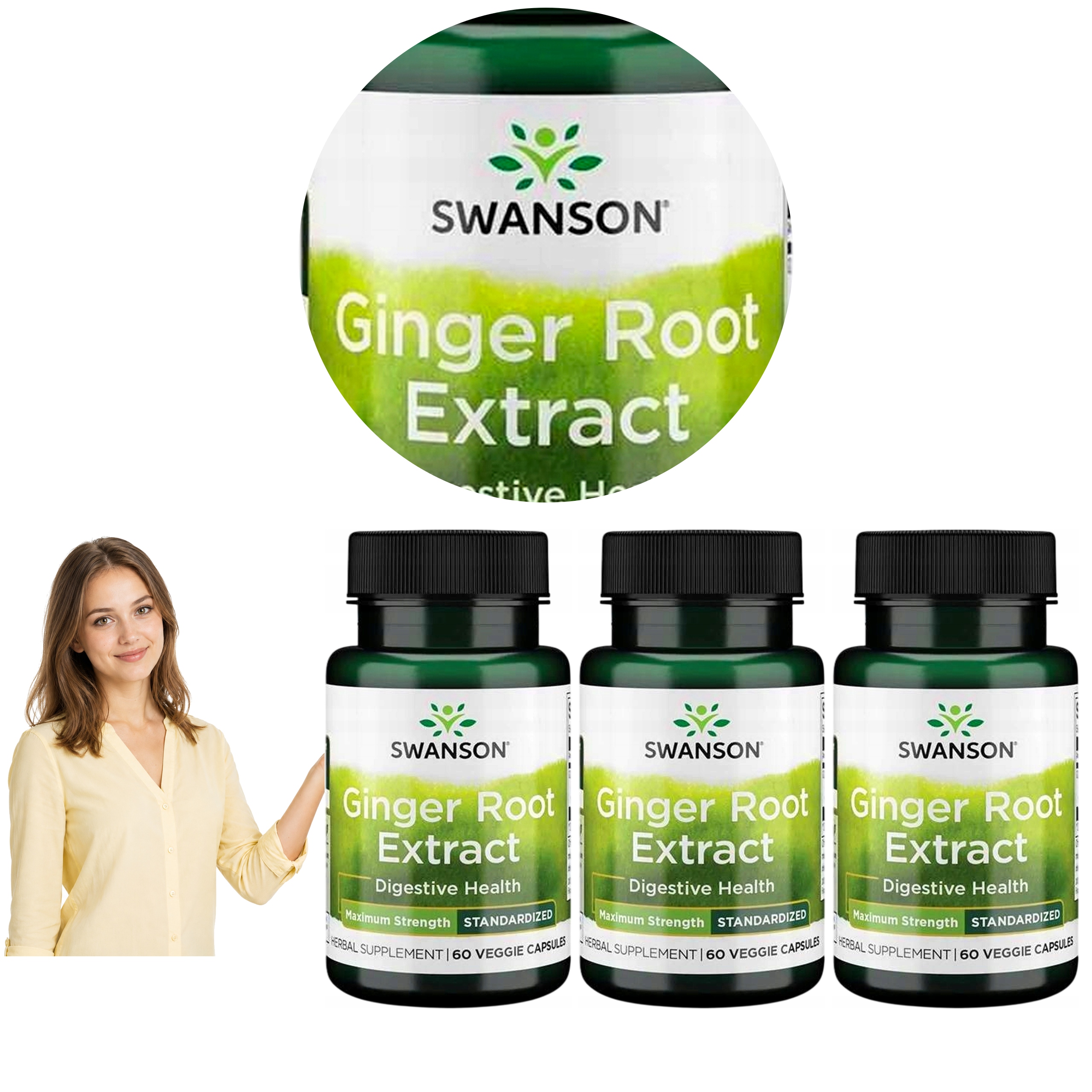 3x Swanson Imbir Forte Ekstrakt Zingiber Officinale Gingerole Vege 60 kaps.