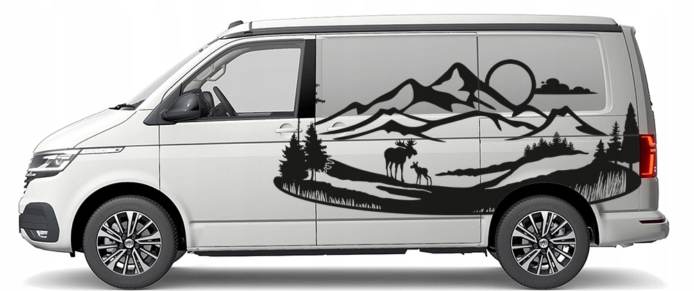 NAKLEJKA Grafika na auto kamper przyczepę ŁOŚ GÓRY MOUNTIANS CAMPING 90x213 Producent MGDesign