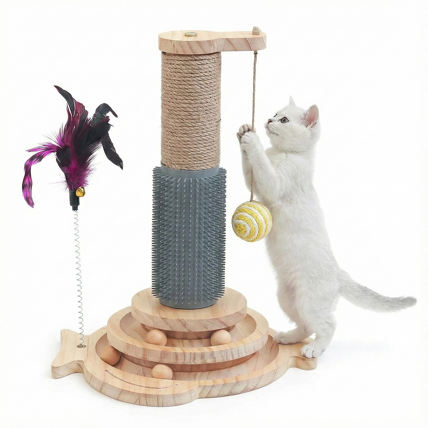 Levně Dřevěné Hračky Pro Kočky S Kuličkami A Sloupkem Pro Škrábání A Ochranu Nábytku