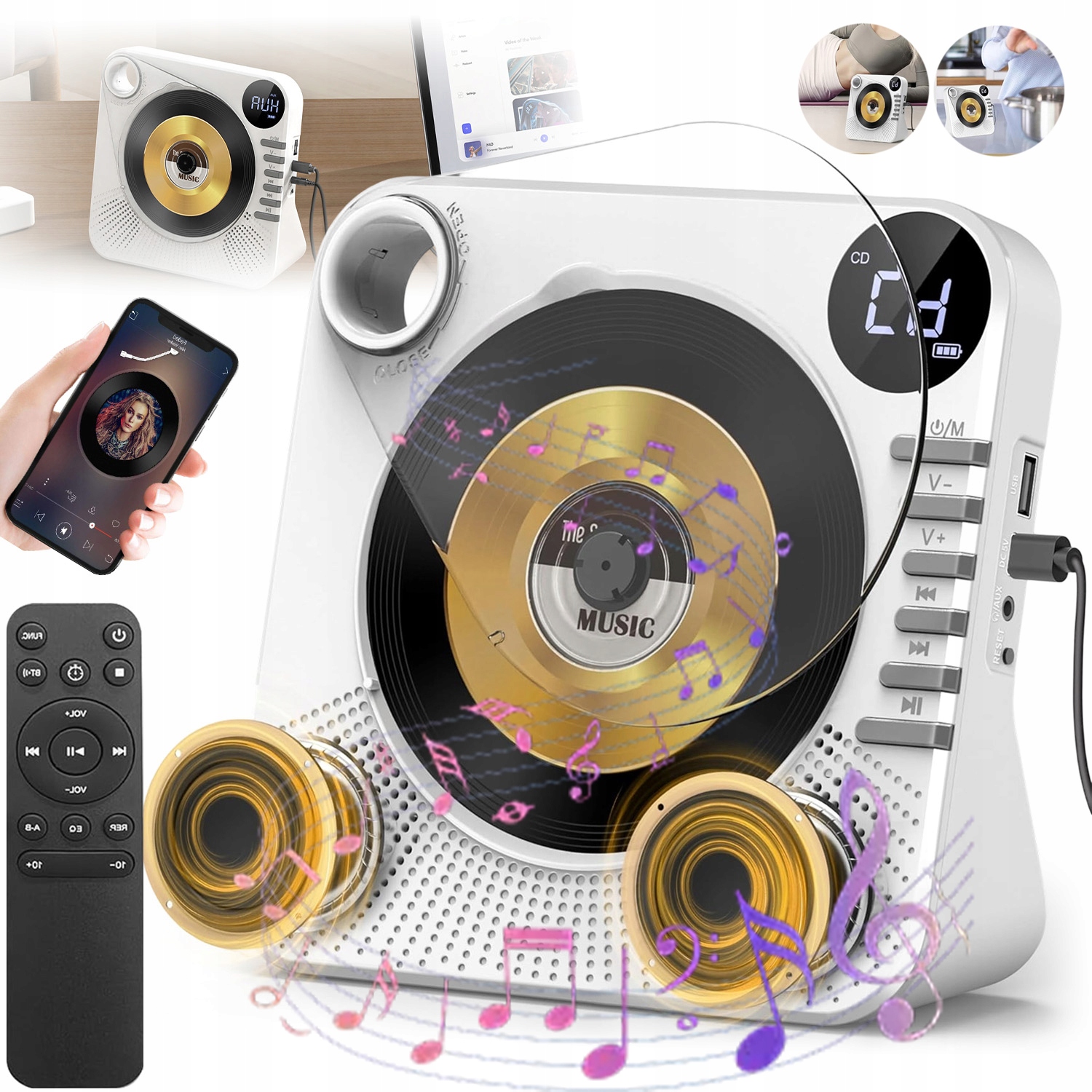 Přenosný Přehrávač CD Reproduktor Bluetooth Nástěnné Rádio Domácí Rádio Aux