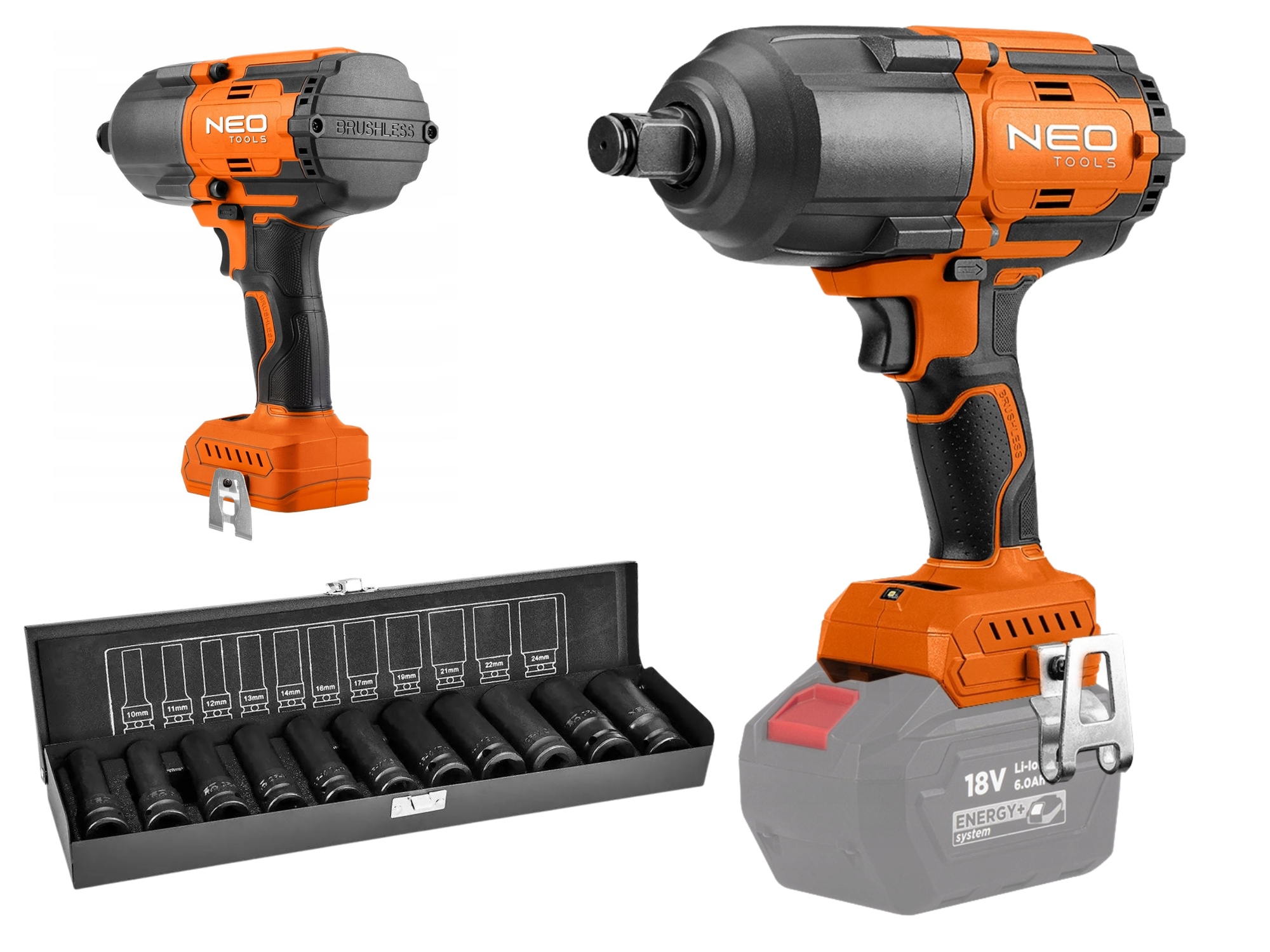 Akumulatorowy Klucz Udarowy 1/2" 1100Nm+ Długie Nasadki Udarowe 10-24mm NEO