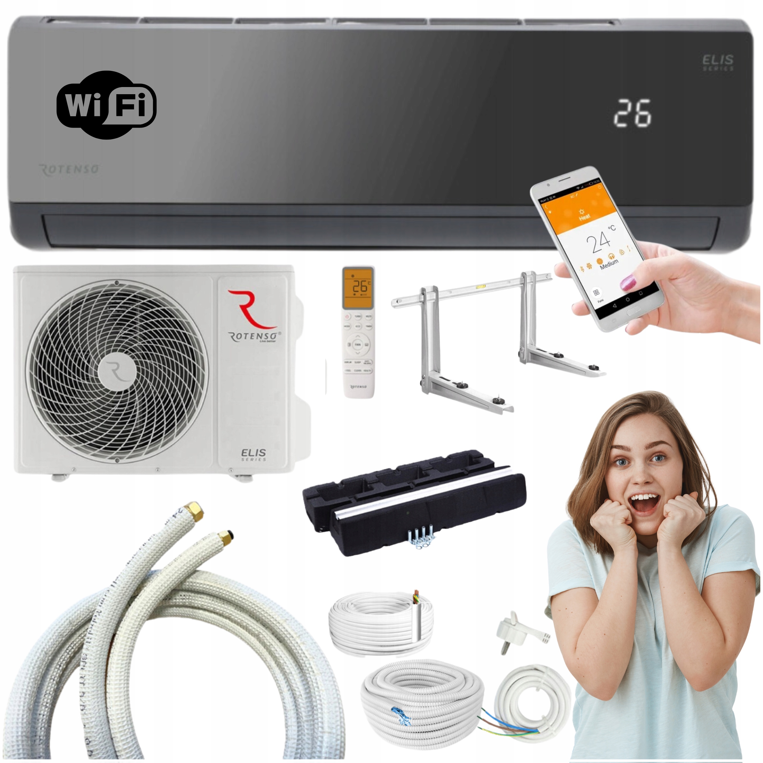 Klimatizácia čierna Rotenso Elis 3,4 kW WiFi Samostatný montážny set
