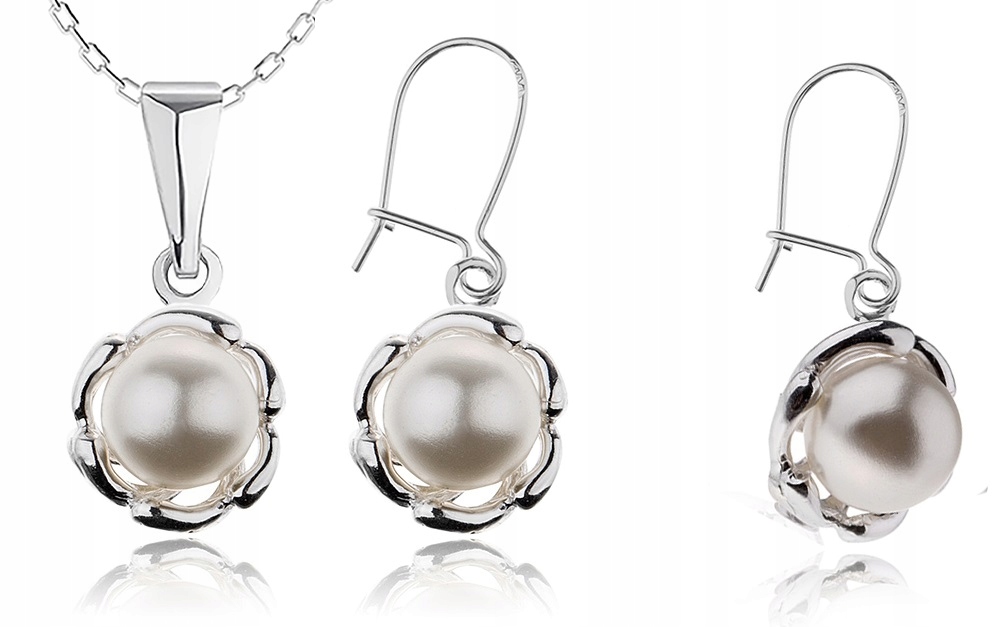 

Komplet Biżuterii Srebrnej Z Białymi Perełkami 925