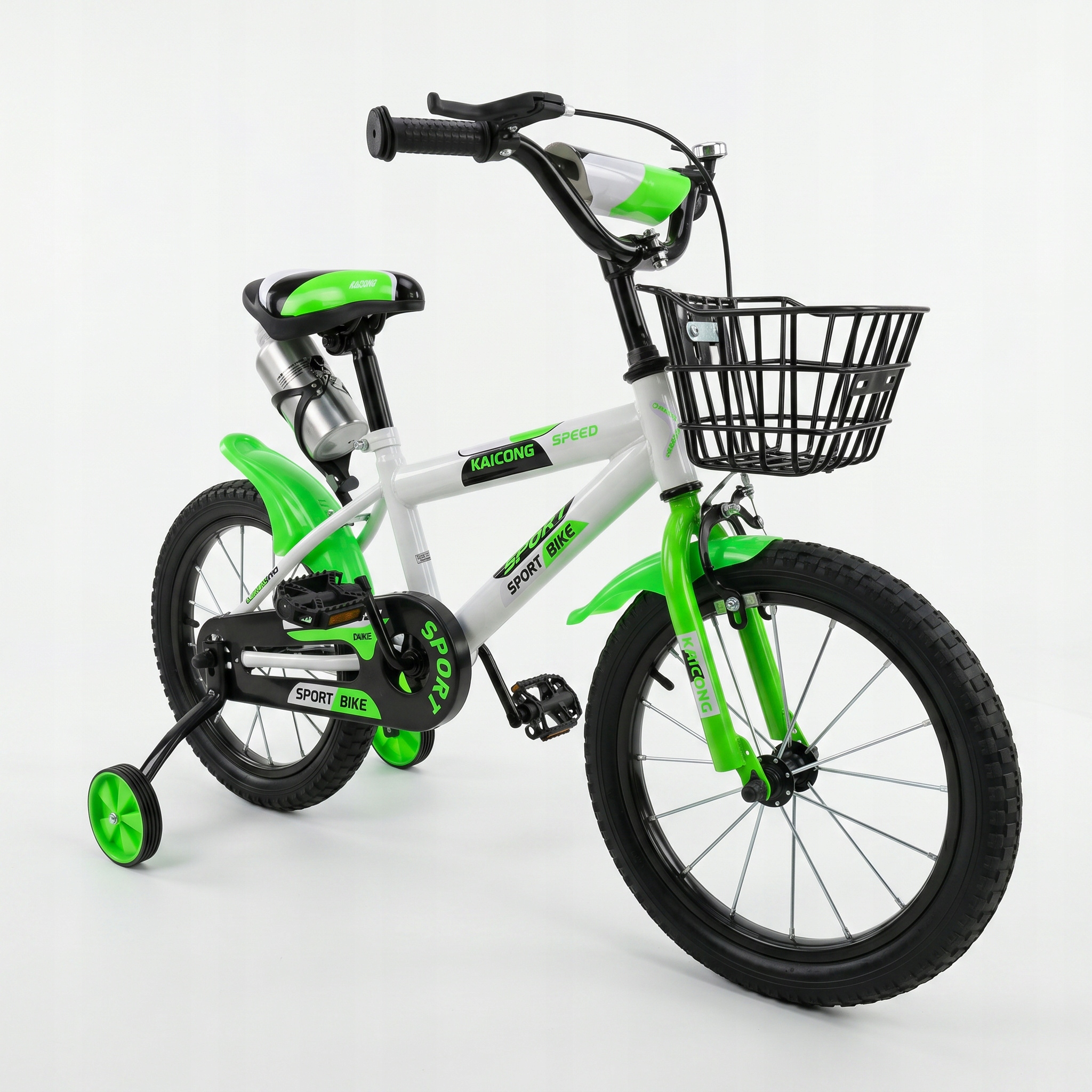 Rower Dziecięcy 16 cali Zielony Biały Mtb Bmx Kółka Boczne Bidon Koszyk
